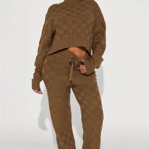 Fashion Nova Brown Checkered Knit Jogger Set